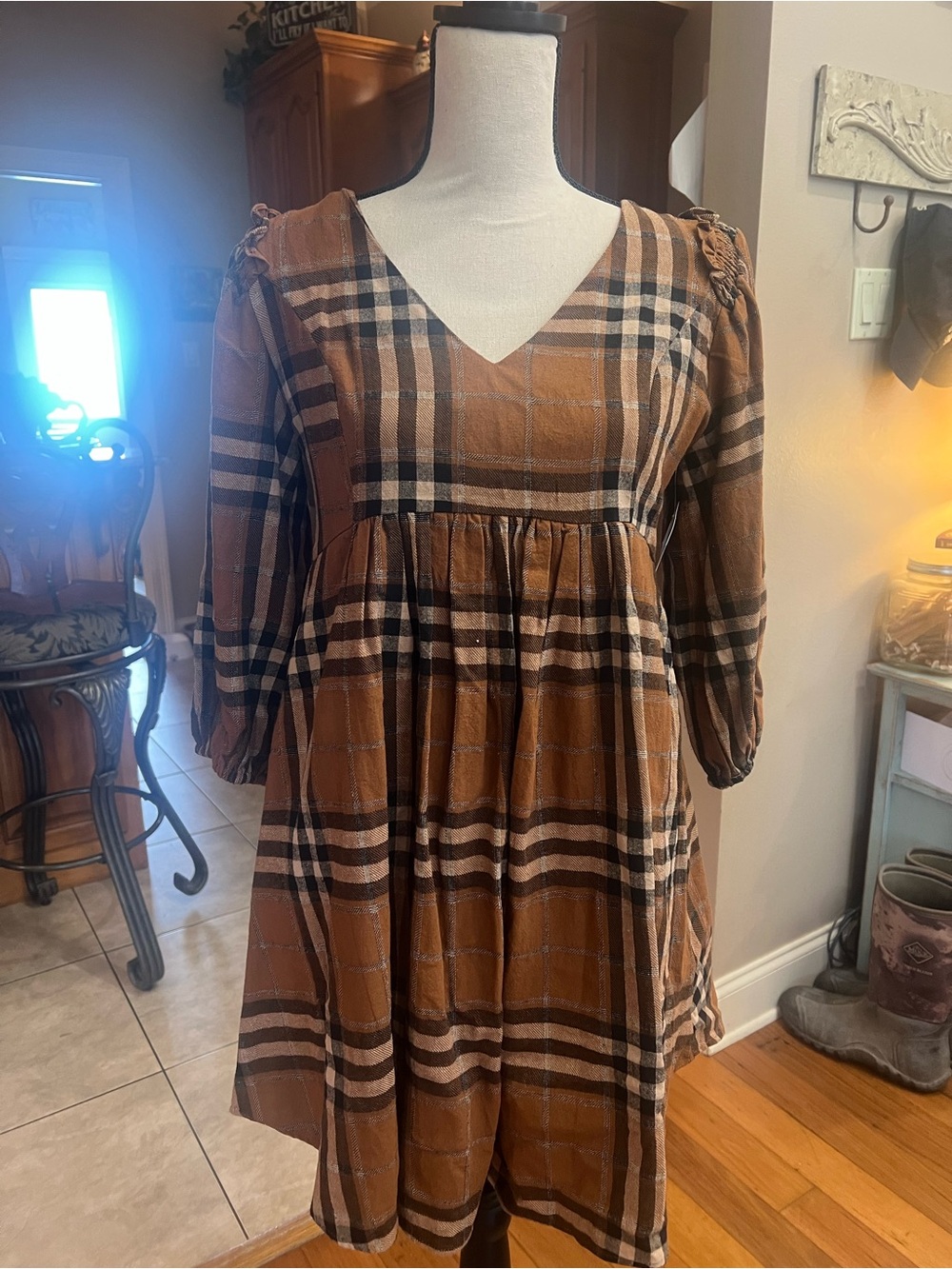 Plaid V-Neck Babydoll Mini Dress in Tan - Picture 2 of 7